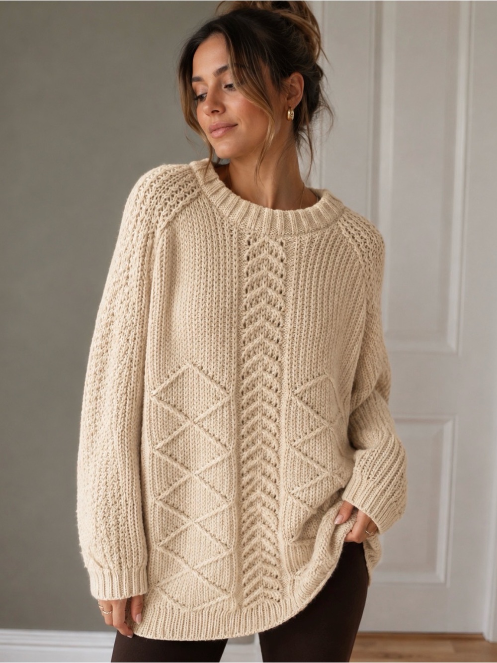 St. Michael 100% WOOL Cozy Cream Oversized Cable Knit Crewneck Sweater